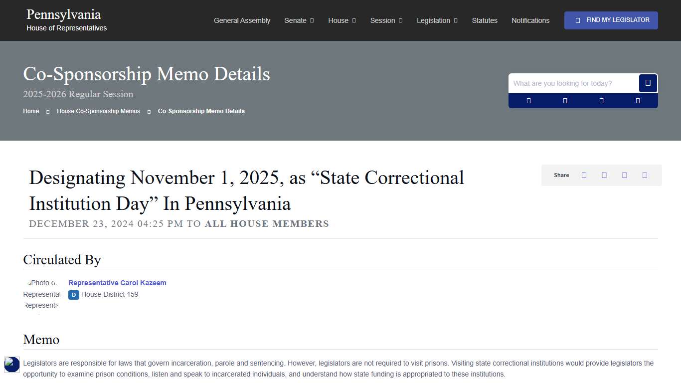 House Co-Sponsorship Memo 44593 Information; 2025-2026 Regular Session - PA House of Representatives